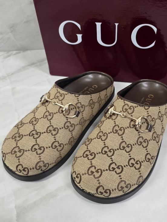 Gucci Shoes - Gucci Beige Brown GG Canvas Horsebit Mules
